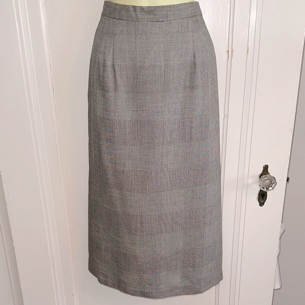Vintage 80s Michele Brand‎ Houndstooth Plaid Straight Midi Fully Lined Skirt
